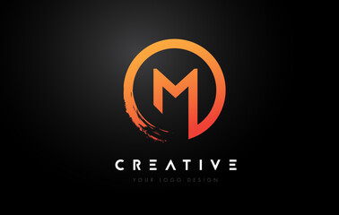 Orange M Circular Letter Logo with Circle Brush Design and Black Background.