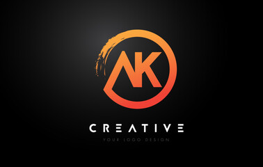 Orange AK Circular Letter Logo with Circle Brush Design and Black Background.