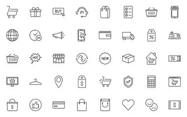 set of online shopping line icons, store, marketing