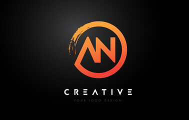 Orange AN Circular Letter Logo with Circle Brush Design and Black Background.