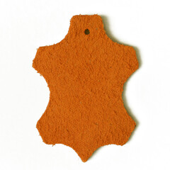 Brown Leather label, samples of natural leather on white background, closeup, top view