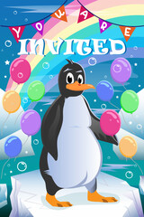 Cartoon Penguin Invitation for celebrating happy birthday and holidays with penguin, balloons in underwater world, vector illustration