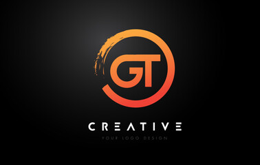 Orange GT Circular Letter Logo with Circle Brush Design and Black Background.