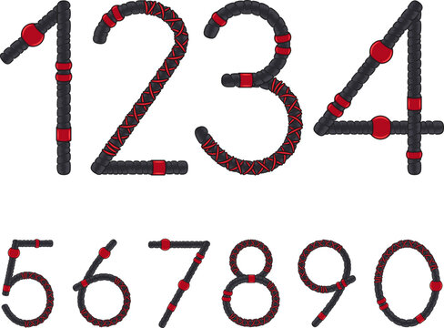 Font, numbers from dreadlocks. Isolated vector objects on a white background.