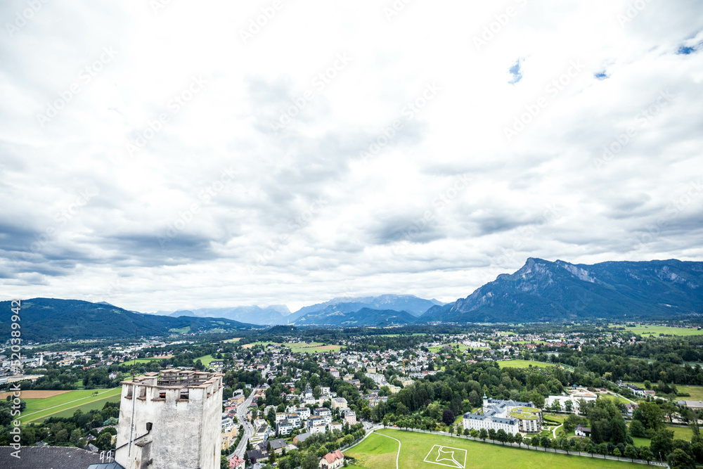 Wall mural panoramic view over stadt salzburg with salzach river at evening, salzburg, austria