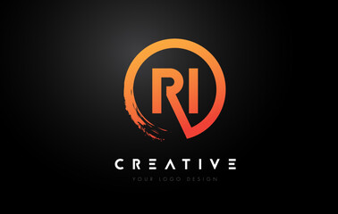 Orange RI Circular Letter Logo with Circle Brush Design and Black Background.