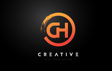 Orange CH Circular Letter Logo with Circle Brush Design and Black Background.