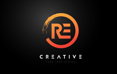 Orange RE Circular Letter Logo with Circle Brush Design and Black Background.