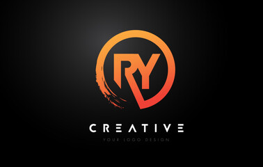 Orange RY Circular Letter Logo with Circle Brush Design and Black Background. - obrazy, fototapety, plakaty