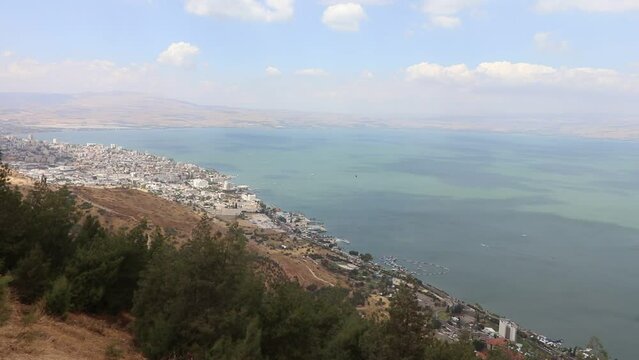 A view from above on the Sea of Galilee in the north of Israel, road number 90 and the nearby city of Tiberias