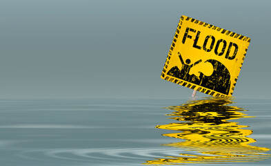 overflown flood warning sign,  vector illustration, global warming,climate change concept,large...