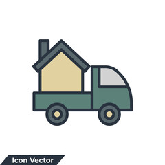 moving home icon logo vector illustration. Home delivery truck symbol template for graphic and web design collection