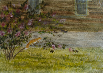 Summer landscape with a lilac bush and a cat. Oil painting on canvas. Impressionism.