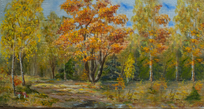 Autumn landscape with forest. Oil painting on canvas. Impressionism.