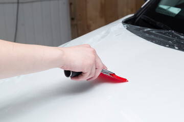 Car wrapping specialist putting transparent vinyl film on car hood.Applying a protective film to the car for protect car paint.