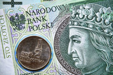 polski banknot,100 PLN,  izraelska moneta, Polish banknote, 100 PLN, Israeli coin