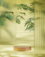 Obraz premium Golden podium stage stand tropical forest trees yellow background for product placement 3d render 