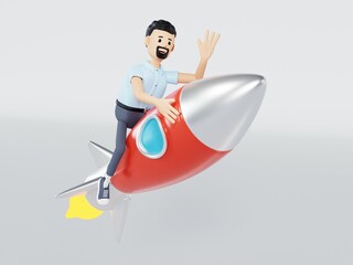 Businessmen is flying on a rocket. Innovation and Startup Concept. 3d illustration.