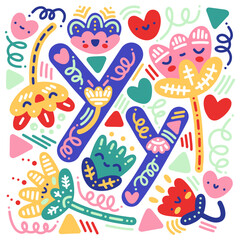 Cartoon vector poster with alphabet English letter Y and childish floral kawaii doodles for print, textile, kids, education, study, decor, gifts, interior