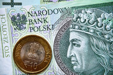 polski banknot,100 PLN, indyjska moneta , Polish banknote, 100 PLN, Indian coin - obrazy, fototapety, plakaty