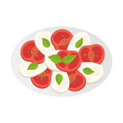 Italian national dish caprese on plate isolated on white background. Flat illustration of mediterranean cuisine. Sliced tomatoes, basil and mozzarella cheese.