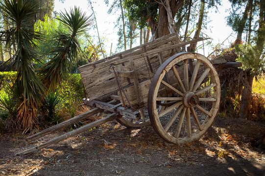 An old wagon abandoned in the field.