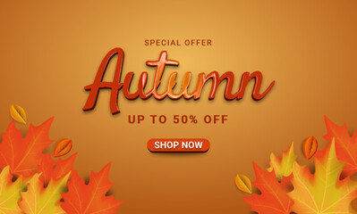autumn sale banner with 3d leaves on orange background