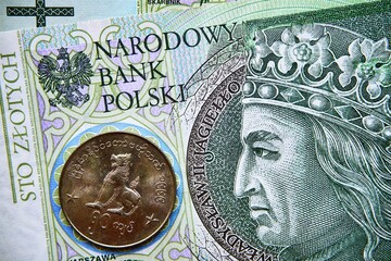 polski banknot,100 PLN ,moneta birmańska, Polish banknote, 100 PLN, Burmese coin