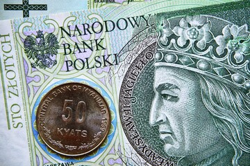 polski banknot,100 PLN, moneta birmańska, Polish banknote, 100 PLN, Burmese coin
