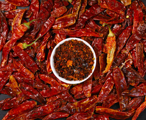 Dried red chili pepper, top view. Close-up