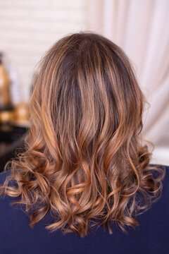 
Female back with long, curly, ombre, brunette hair, in hairdressing salon
