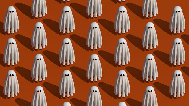 Fun Halloween ghost pattern on orange background. 8K 3d design illustration render.