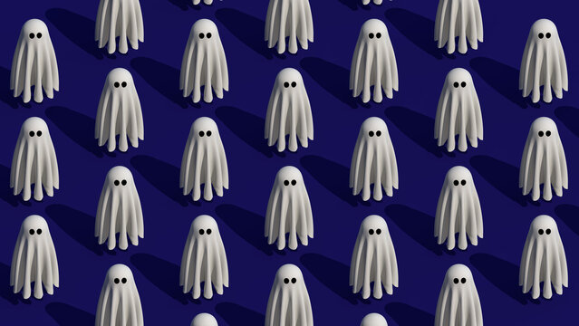 Fun Halloween ghost pattern on purple background. 8K 3d design illustration render.