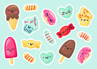 Bright and cute vector collection of kawaii cool icons. Children's pack of cartoon labels and pins with donuts, ice cream, cupcakes and crunches. Retro badges for kids, textiles, prints, decor, gifts