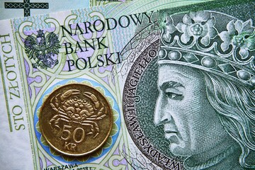 polski banknot,100 PLN, moneta islandzka , Polish banknote, 100 PLN, Icelandic coin