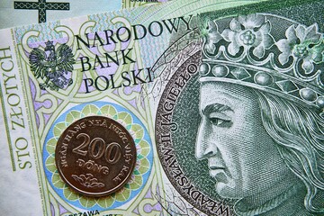 polski banknot,100 PLN, moneta wietnamska , Polish banknote, 100 PLN, Vietnamese coin - obrazy, fototapety, plakaty