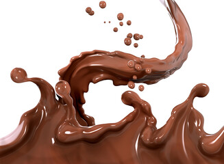 Chocolate wave or flow splash, pouring hot melted milk chocolate sauce or syrup, cocoa drink or cream, .abstract dessert background, isolated, 3d rendering