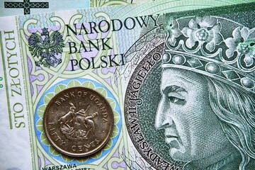 polski banknot,100 PLN, ugandyjska moneta, Polish banknote, 100 PLN, Ugandan coin