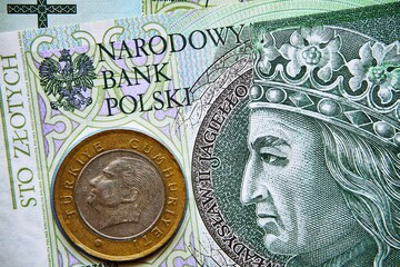 polski banknot,100 PLN, turecka moneta, Polish banknote, 100 PLN, Turkish coin - obrazy, fototapety, plakaty