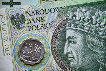 polski banknot,100 PLN, izraelska moneta, Polish banknote, 100 PLN, Israeli coin - obrazy, fototapety, plakaty