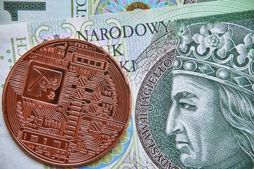 polski banknot,100 PLN, moneta bitcoin,  Polish banknote, PLN 100, bitcoin coin - obrazy, fototapety, plakaty