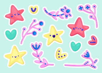 Large pack of vector icons and stickers with marine life. Kawaii emoji cartoon starfish, shells, hearts and flowers with twigs. Vintage retro badges, patches and pins for print, decor, cards, textile