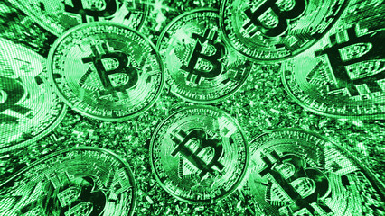Popular cryptocurrency bitcoin. Coins under green neon light. Market trading profit, mining, investment, cyberspace concept. Close-up detailed background
