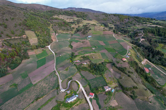 Cultivos de cebolla junca, papa, criolla, arboles y valles que rodean la laguna de Tota, ubicada en Boyac&agrave; Colombia 
