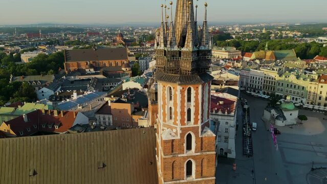 Aerial view of St Mary's Basilica (Mariacki Church) in the Old Town of Krakow (Cracow), Poland, central Europe