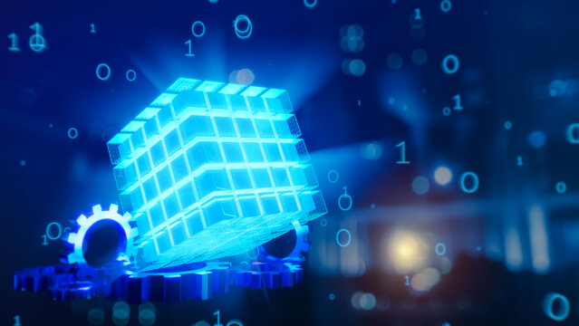 OLAP data cube database and server room background.  Concept of data analysis, OLAP Server, Business Intelligence BI, Key performance indicators KPI, Dashboard, SQL, MDX, 3D rendering.