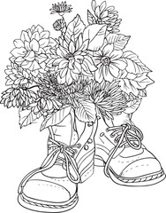 Autumn flowers dahlias chrysanthemums in clogs . Vector. Black and white hand-drawn drawing. For coloring books for adults.