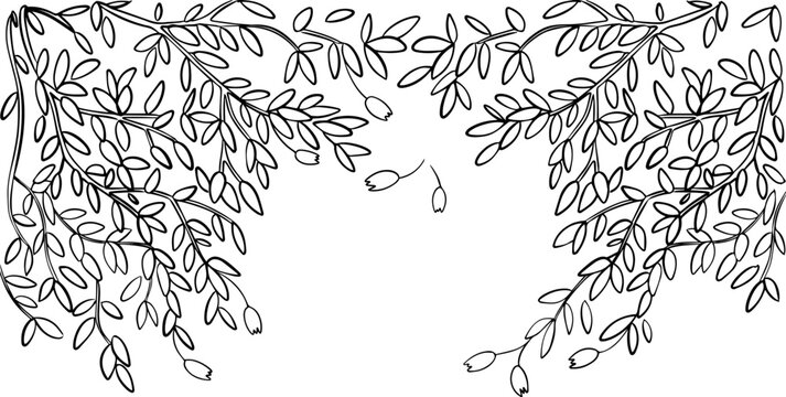 Autumn tree branches with falling leaves. Vector. Black and white hand-drawn drawing. For coloring books for adults.
