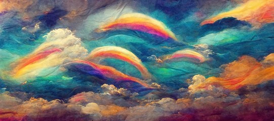 Vast panoramic fantasy cloudscape in rainbow colors, mesmerizing flowing ocean of surreal fabric folds stylized in renaissance inspired oil paint.