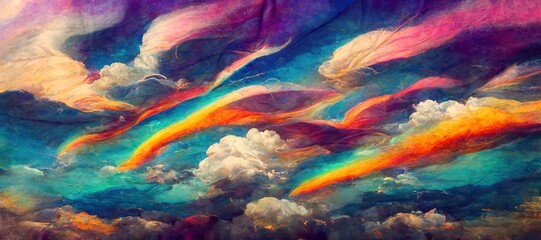 Vast panoramic fantasy cloudscape in rainbow colors, mesmerizing flowing ocean of surreal fabric folds stylized in renaissance inspired oil paint.